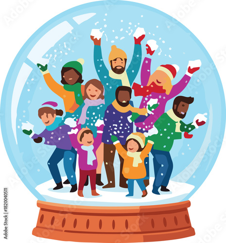Snow globe family, winter celebration, festive scene, holiday joy, cartoon style, vector graphic, cheerful, playful, cozy, art