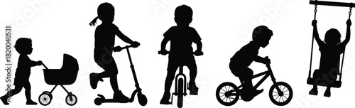 Children playing silhouette collection, kids riding scooters and bicycles, swinging and walking, active childhood illustration for family, parenting, education, recreation themes