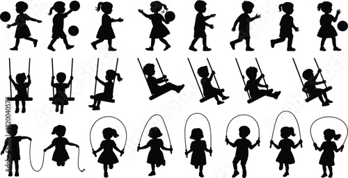 Children playing silhouette collection featuring kids walking, playing ball, swinging, jumping rope, and engaging in fun outdoor activities in vector illustration