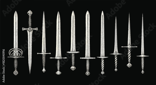 Antique medieval swords and daggers pack rendered in a detailed vintage engraved vector illustration style, featuring historical European weaponry isolated against a solid black backdrop.