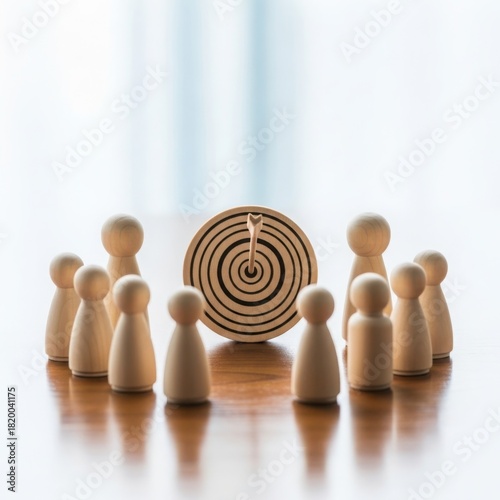 Wooden peg people gathered around a target board representing teamwork and achieving goals isolated on white background