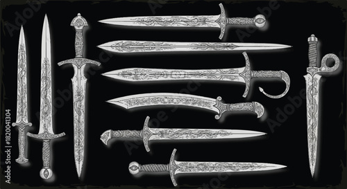 Detailed flat 2D vector illustration of an engraved medieval warrior weapons collection, showcasing antique blades, sharp daggers, and battle axes arranged historically on a stark black background.