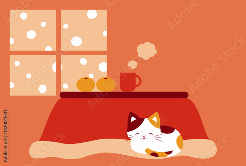 winter vector background with a Japanese cat curled up on the Kotatsu