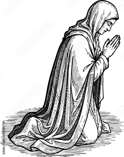 The praying woman on the knees engraving monochrome illustration shows a spiritual moment, kneeling with hands clasped in prayer, a deeply devoted scene.