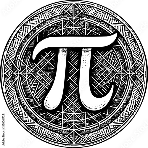 Pi sign as engraving emblem and pi sign as engraving emblem in vintage style round frame. Pi sign as engraving emblem symbolizes mathematical constant and irrational number inside an ornate emblem.