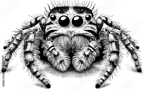 Highly detailed black and white engraving illustration of a bird-catching spider, highly detailed black and white engraving illustration of a bird-catching spider.