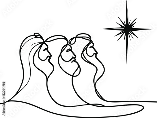 Line drawing of three wise men following a star, three wise men in profile following a star outlined in black ink. Line drawing includes three kings following a star in the sky.