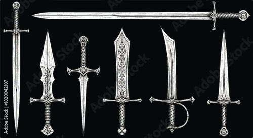 Medieval warrior blades set, featuring multiple ancient weapons depicted in a dramatic flat 2D illustration using a detailed hand-drawn engraving style, isolated on black.