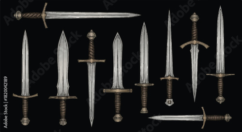 Detailed flat 2D medieval weapon set featuring hand-drawn swords, sharp knives, and various ornate blades, rendered with an engraved vintage style isolated on a dramatic black background.
