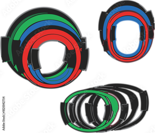 Colorful ring set, nested shapes, modular design, mechanical concept, rotation alignment, vector graphic, symmetry, abstract, bold, art