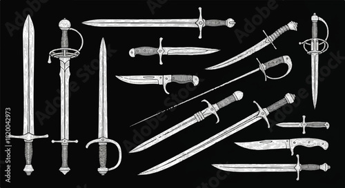 Detailed engraved line art of a vintage cold weapon collection, featuring various medieval swords and sharp fighting knives rendered in a flat 2D illustration style against a stark black background.