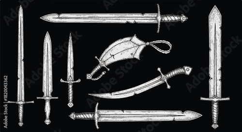 Historical medieval cold weapons collection in flat 2D vector illustration, featuring antique hand-drawn swords, various bladed tools, and sharp European battle gear on a solid black background.