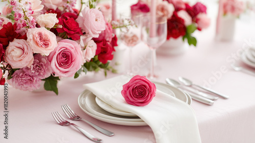 Romantic table setting with a pink rose on a white napkin, surrounded by vibrant pink and red roses