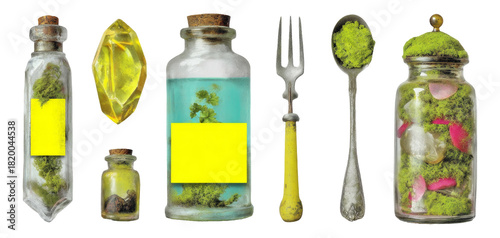 Soft Semi-Realistic Tiny Potion Figurines on Transparent Background Isolated Style