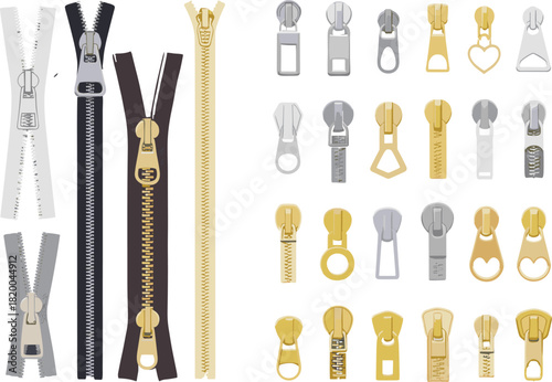 Collection of metal and plastic zipper sets with assorted puller designs, garment fastener accessories, zipper slider variations for fashion textile use