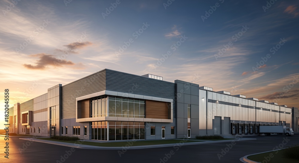 Obraz premium Expansive Modern Industrial Warehouse or Distribution Center with Loading Docks and Trucks at Sunset