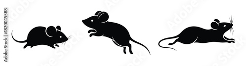Three silhouette mice in different poses, illustrating movement and activity