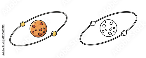 Colorful cartoon illustration of a planet with two satellites orbiting in an elliptical path, representing space science, next to a coloring outline