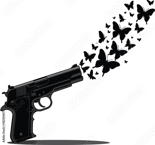 Creative gun shooting butterflies concept vector illustration, symbolizes peace, transformation, freedom, anti-violence, love over war, artistic weapon design with flying butterfly silhouettes