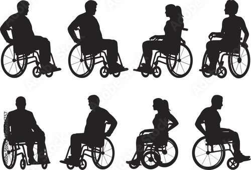 Group of people in wheelchairs silhouette vector illustration showing diversity, mobility support, rehabilitation, disability inclusion, and healthcare accessibility concept