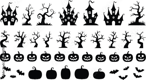 Halloween haunted house, spooky tree, pumpkin and bat silhouettes set, scary black vector icons for horror decoration and design