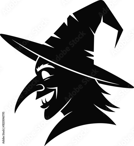 Halloween witch face silhouette wearing pointed hat, spooky evil character illustration for horror, fantasy, and magical vector design art.