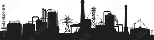 Industrial factory plant silhouette with chimneys and power towers, manufacturing energy production concept, refinery and industry vector illustration for technology infrastructure design