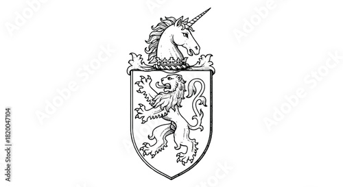 Engraved flat 2D heraldry emblem depicting a medieval shield supported by a powerful lion rampant and topped with a majestic unicorn crest, isolated on white.