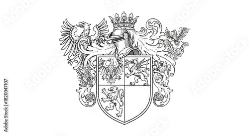 Vintage engraved heraldry illustration, featuring a powerful coat of arms with an imperial eagle, mythical dragon, and fierce lion rampant, isolated on a clean white background.