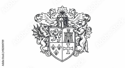 Medieval heraldry shield featuring a majestic dragon and fierce wolf crest, depicted in a detailed engraved flat 2D illustration style on a clean white background.