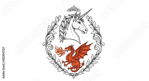Powerful mythical unicorn and wildfire dragon symbols clash in this intricate 2D flat illustration of an ancient engraved fantasy heraldic emblem on a solid white surface.