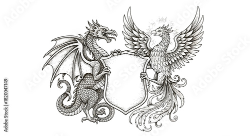 Flat 2D vintage engraved coat of arms featuring a powerful mythical dragon and a soaring phoenix supporting an elaborate heraldic shield, isolated on a clean white background.