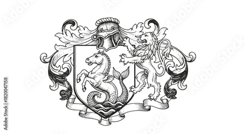 Classic heraldic coat of arms showing a powerful rampant lion and an ancient mythical sea creature supporting a shield in a flat 2D vector illustration on a white background.