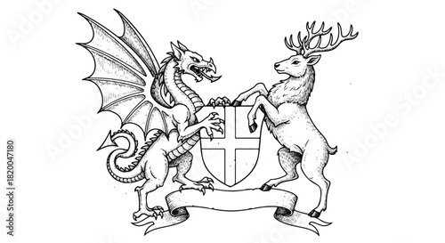 A flat 2D medieval emblem illustration, vintage engraved coat of arms showing a powerful mythical dragon and a majestic stag crest on a clean white background.