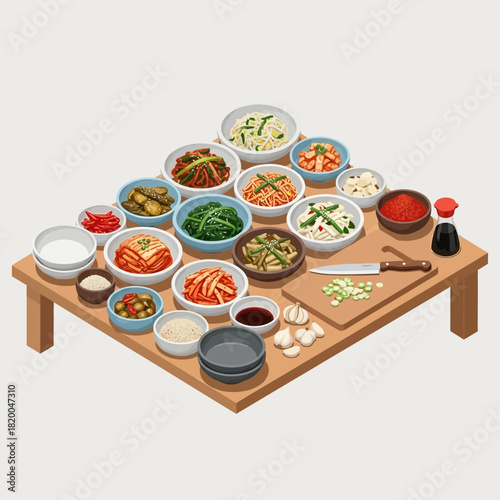 Kimchi feast: An artistic rendering of traditional Korean banchan dishes