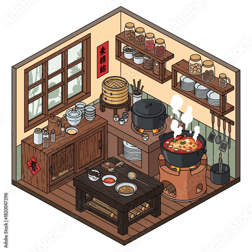 Charming isometric illustration depicting a traditional Chinese kitchen scene
