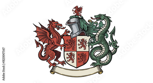 Vintage heraldic shield 2D flat illustration depicting a fierce dragon and intertwined serpent supporting the complex medieval coat of arms symbol against a clean white backdrop.