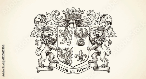 Vintage engraved flat 2D medieval heraldry illustration depicting a powerful kingdom emblem coat of arms adorned with fierce lion, majestic phoenix, and traditional royal dragon motifs.