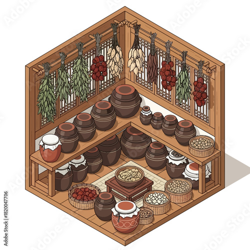 Isometric depiction of a traditional Korean pantry interior in vector style