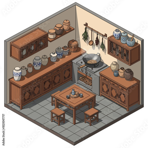 Isometric Illustration of a Traditional Asian Kitchen Interior Design