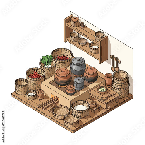 Isometric Illustration of a Traditional Kitchen Scene with Assorted Foods