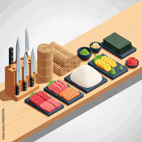 Isometric Sushi Preparation Ingredients Arrangement on Wooden Countertop