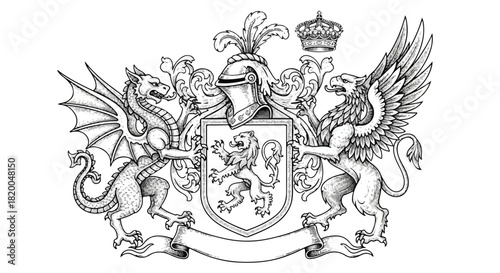 Vintage engraved coat of arms illustration featuring a fierce heraldic dragon and a majestic griffin standing guard, rendered in a flat 2D style and isolated on a clean white background.