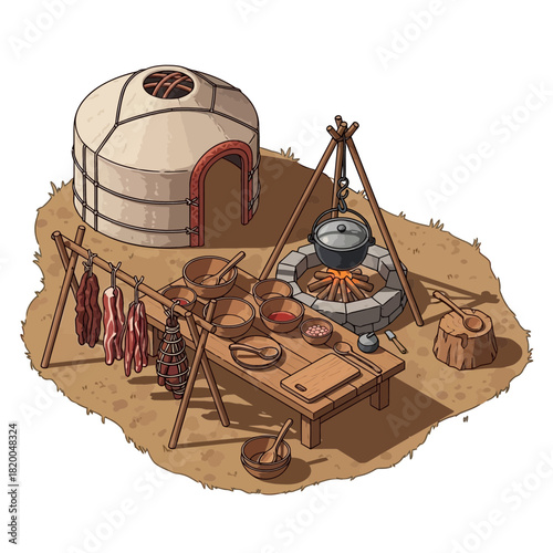 Traditional Nomadic Lifestyle Illustrated with Yurt, Fire, and Rustic Meal