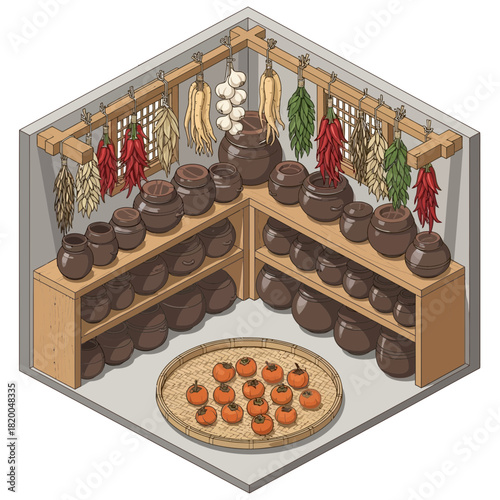 Traditional Korean Food Storage Space with Kimchi Pots and Dried Ingredients