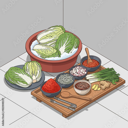 Traditional kimchi preparation components showcased artistically in illustration