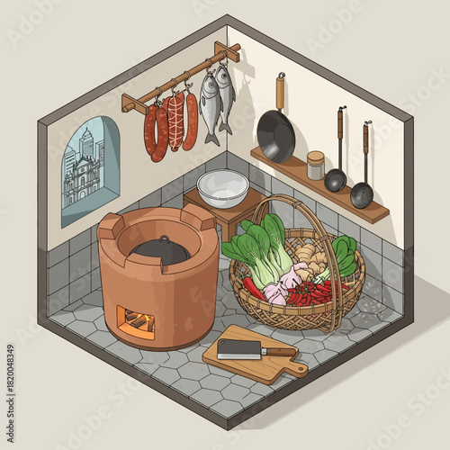 Traditional Southeast Asian Kitchen Interior Isometric Illustration Style