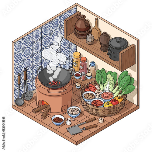 Isometric Asian Cooking Scene: Rustic Charm and Culinary Preparation