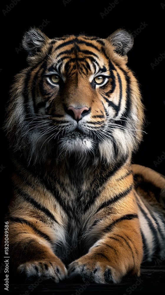Obraz premium Majestic tiger portrait with striking stripes, intense gaze, and regal presence against a dark backdrop, capturing its raw beauty and power.