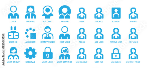 User icon set blue and white female male persons group account profile avatar identity